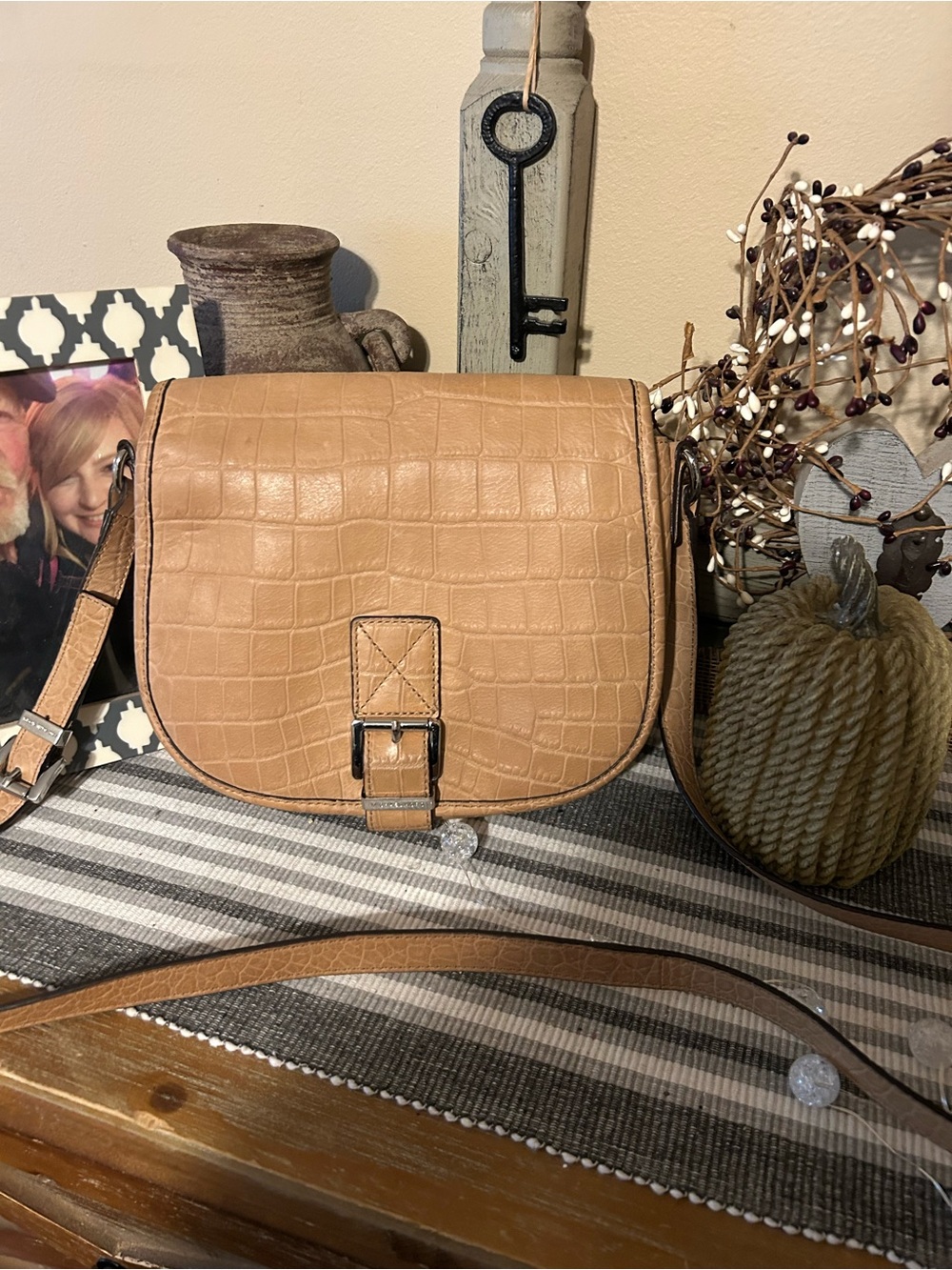 Michael Kors Croc-Embossed Saddle Crossbody in Camel - Picture 1 of 5